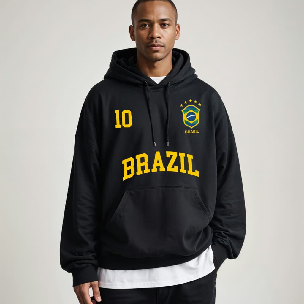 Moletom Capuz e Bolso Inverno Seleção Cop do Mundo Br Preto Algodão Confortável