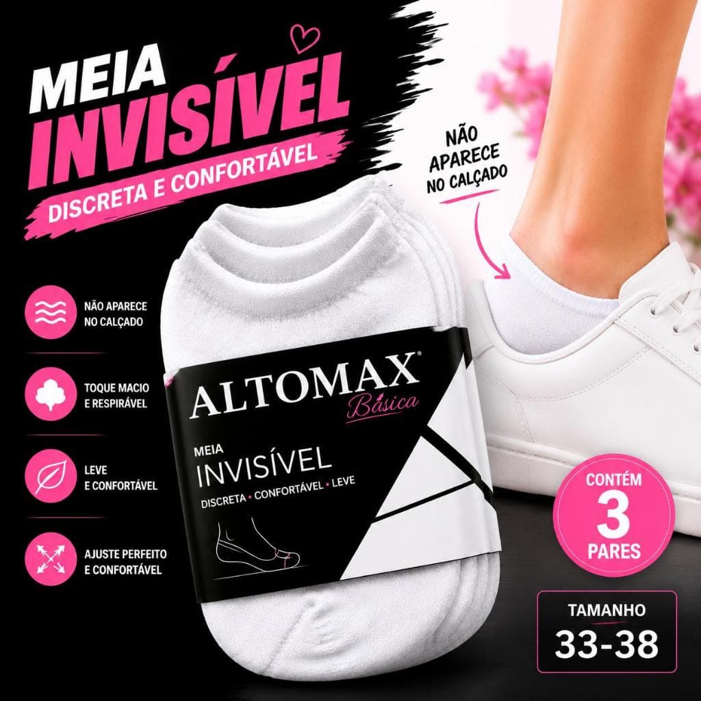 Meia Invisível Feminina Confortável Leve Macia Ajuste Perfeito 3 Pares Toque Macio
