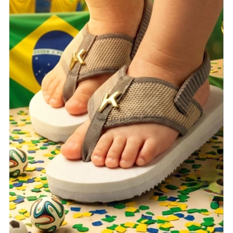 Chinelo infantil Cinza e Branco sola macia tira de gorgurão Bebê Menino Menina