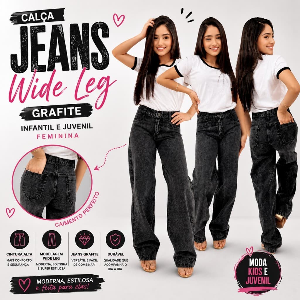 Calça Jeans Wide Leg Grafite Infantil e Juvenil Feminina Cintura Alta Moda Kids e Juvenil