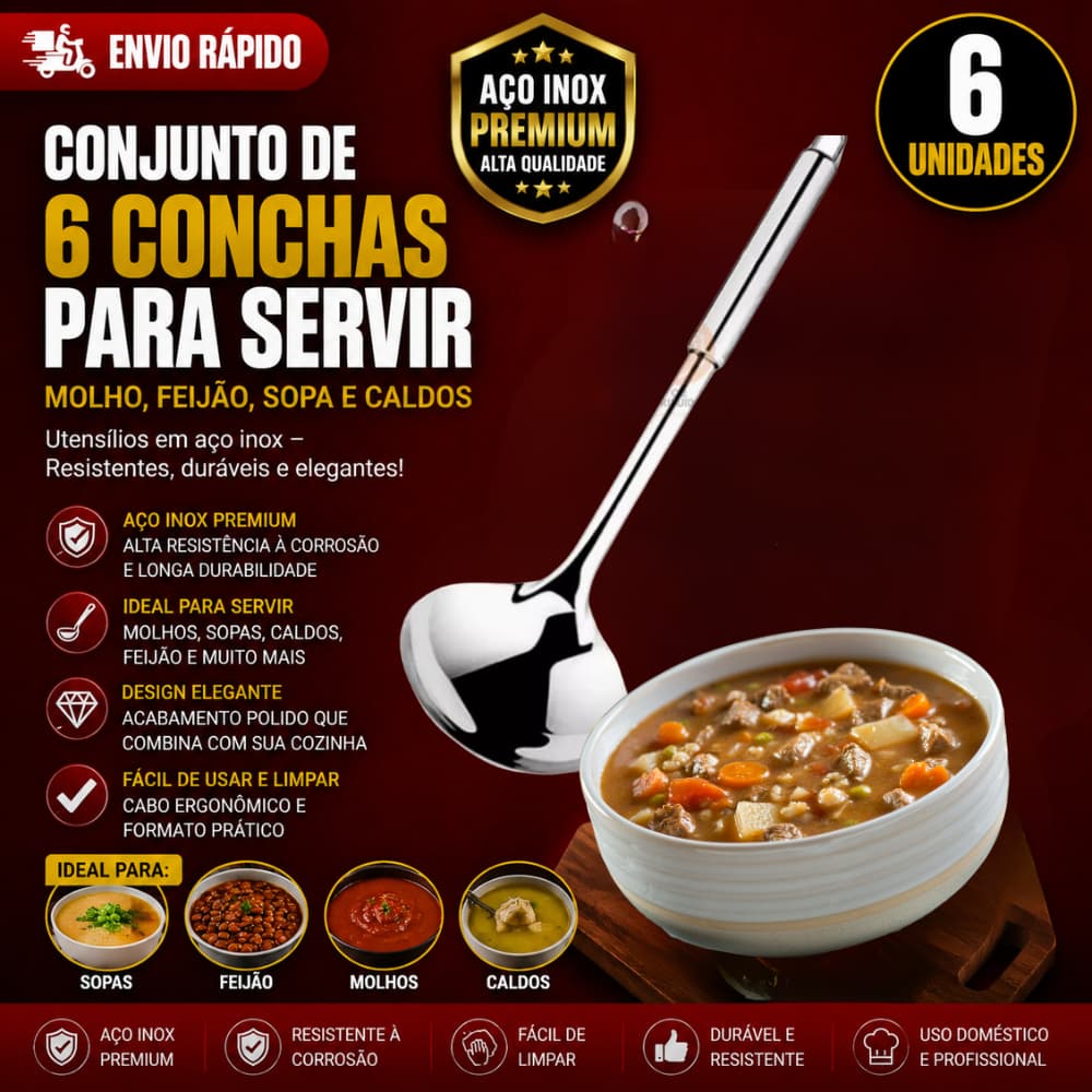 Conj 6 e 3 Concha Para Servir Molho Feijão Sopa Caldos Utensílios Metal Aço Inox Cozinha