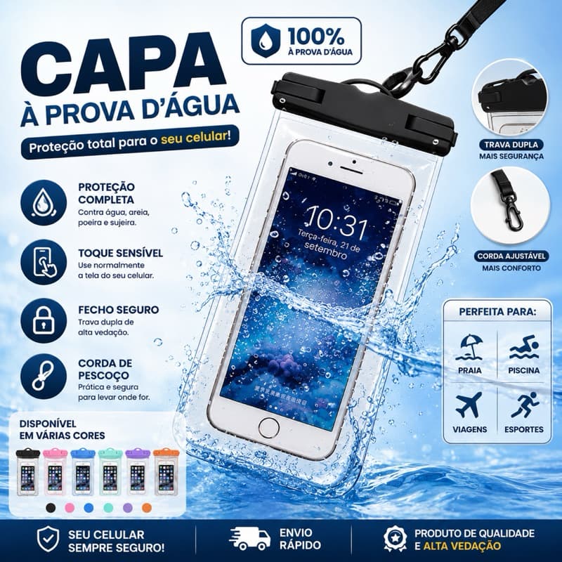 Capa Impermeável Universal para Celular à Prova D’Água com Alça de Pescoço – Proteção para Praia, Piscina e Viagens