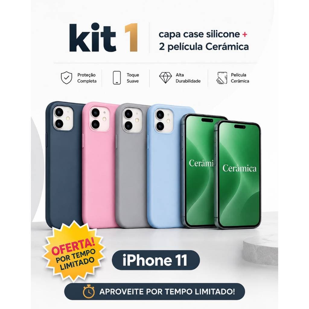 Kit 2 Películas Cerâmica + 1 Capa Silicone iPhone 11 Proteção Completa