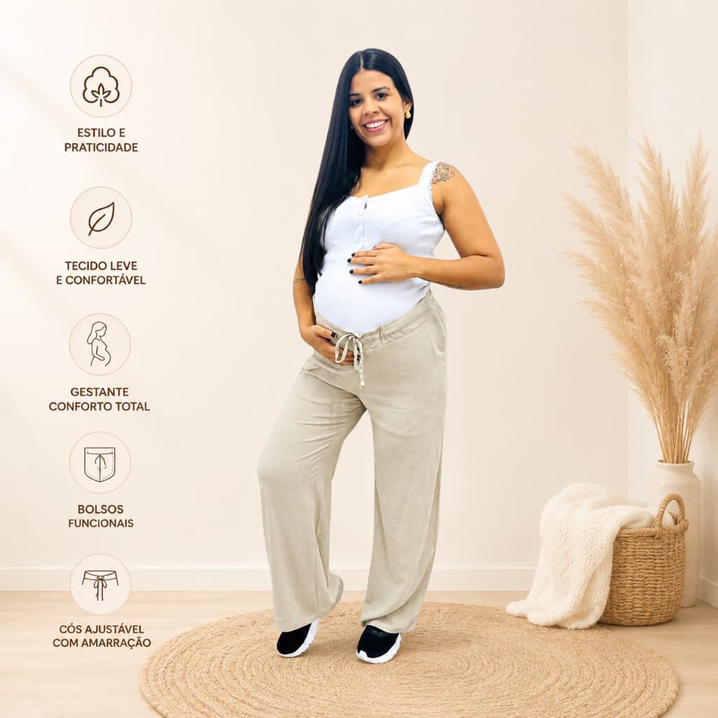 Calça Pantalona Gestante Soltinha Cós Ajustável Elástico Maternidade Confortável