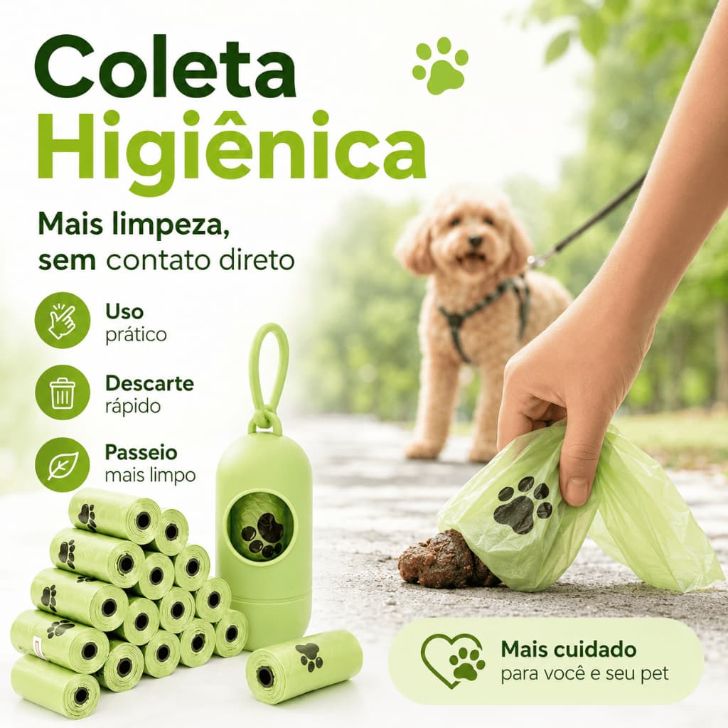 Sacola Coletora de Fezes de Pet Biodegradável + Estojo Portátil Cápsula, Para Passeios com Cachorro