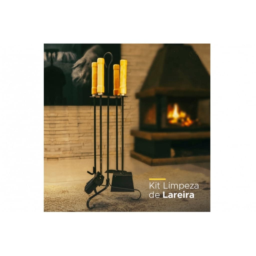 Kit suporte pedestal limpeza cinza lareira mexedor brasa conjunto pá vassourinha gancho concha cabo madeira