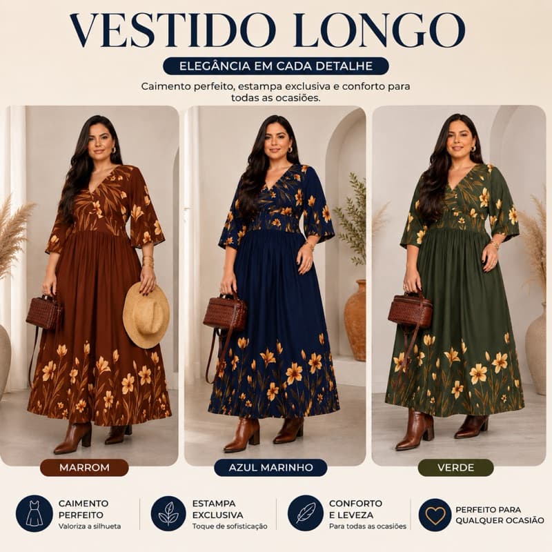 Vestido Feminino Longo Estiloso Estampado Manga Flare Viscolinho Premium Verão 2026 Elegante Luxo