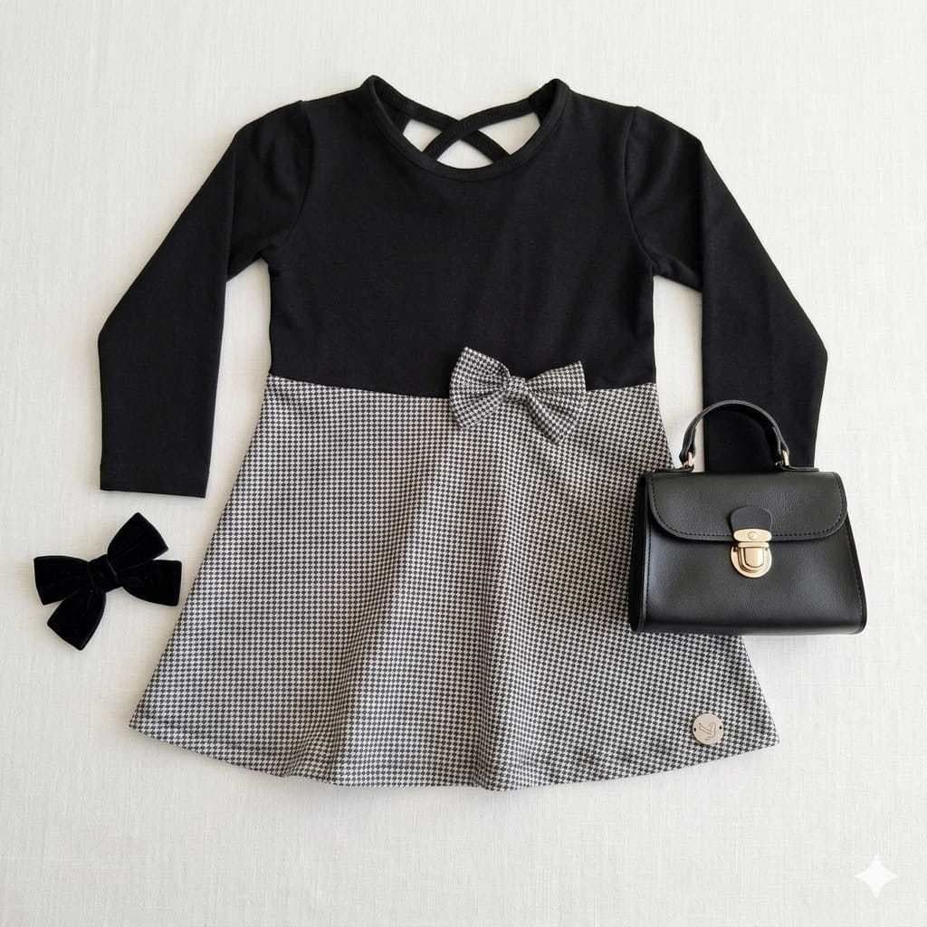 Vestido Infantil Xadrez  preto pied poule  Manga Longa  1 a0 4
