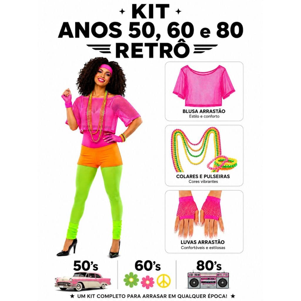 Kit Anos 50/60/80 Retrô Neon Fluorescente -Acessórios Luva Blusa Colar E Pulseira Festa Fantasia Cosplay
