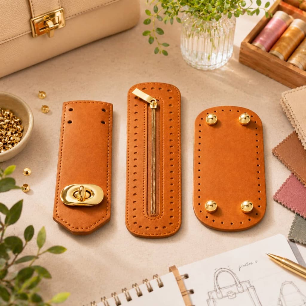 Kit para Bolsa Crochê com Tampa Fecho Dourado Zíper e Fundo Oval Couro Sintético Elegante Moderno