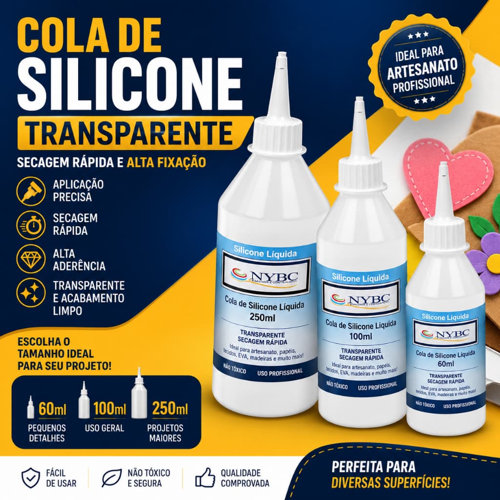 Cola de Silicone Líquida Transparente Alta Adesão Diversos Materiais Artesanato 250/100/60 Ml