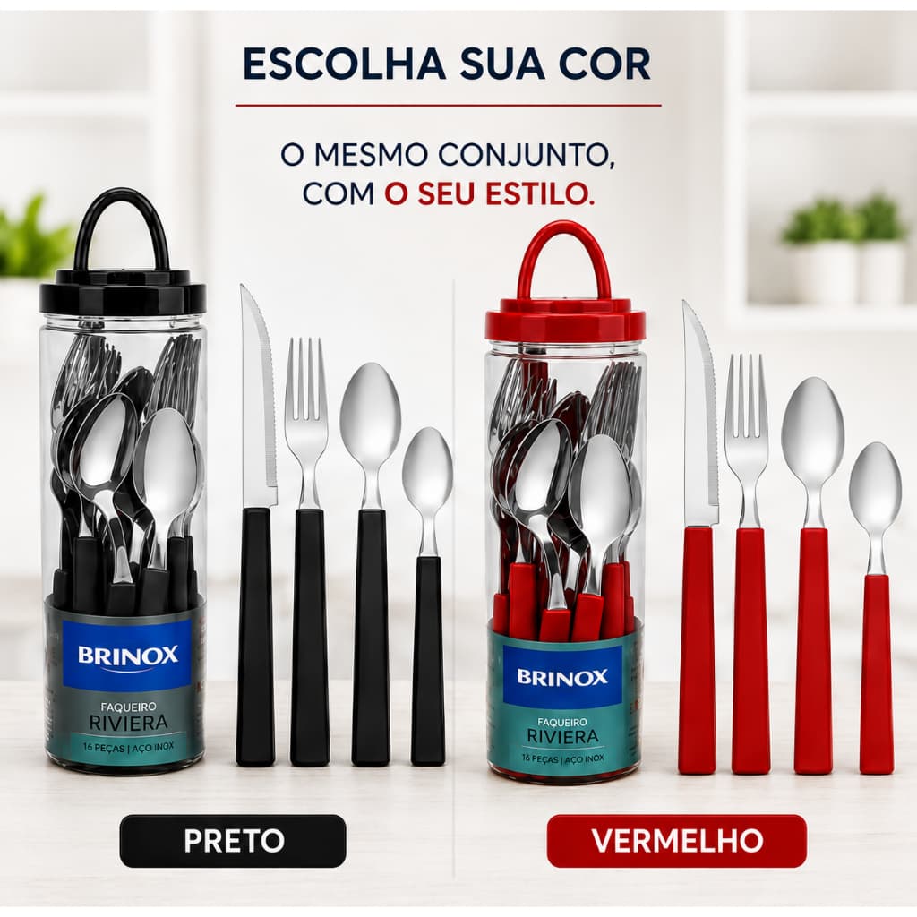 Faqueiro Riviera Brinox em Aço Inox 24 Peças Preto e Vermelho - Durável e Serve até 6 Pessoas