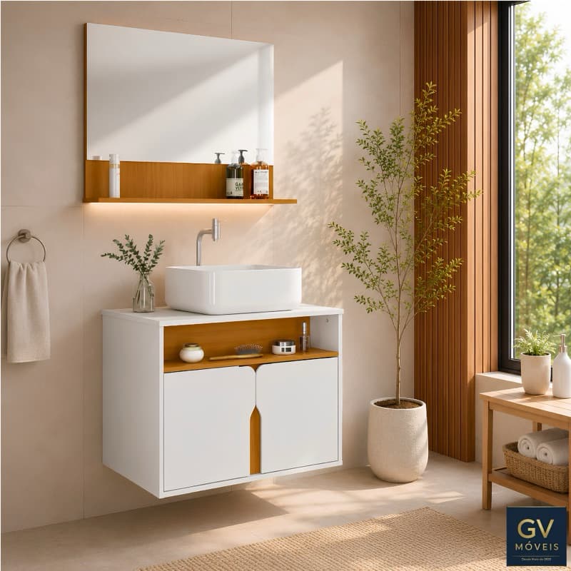 Armário de Banheiro Rubi com Cuba + Espelheira + Gabinete Designer que Leva Modernidade Até Banheiro