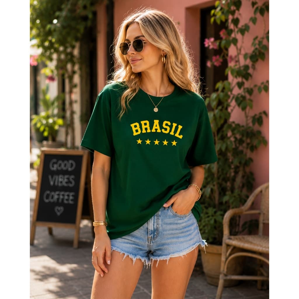 Blusa Feminina Brasil Camiseta Camisa T-Shirt Copa do Mundo Estampada Básica