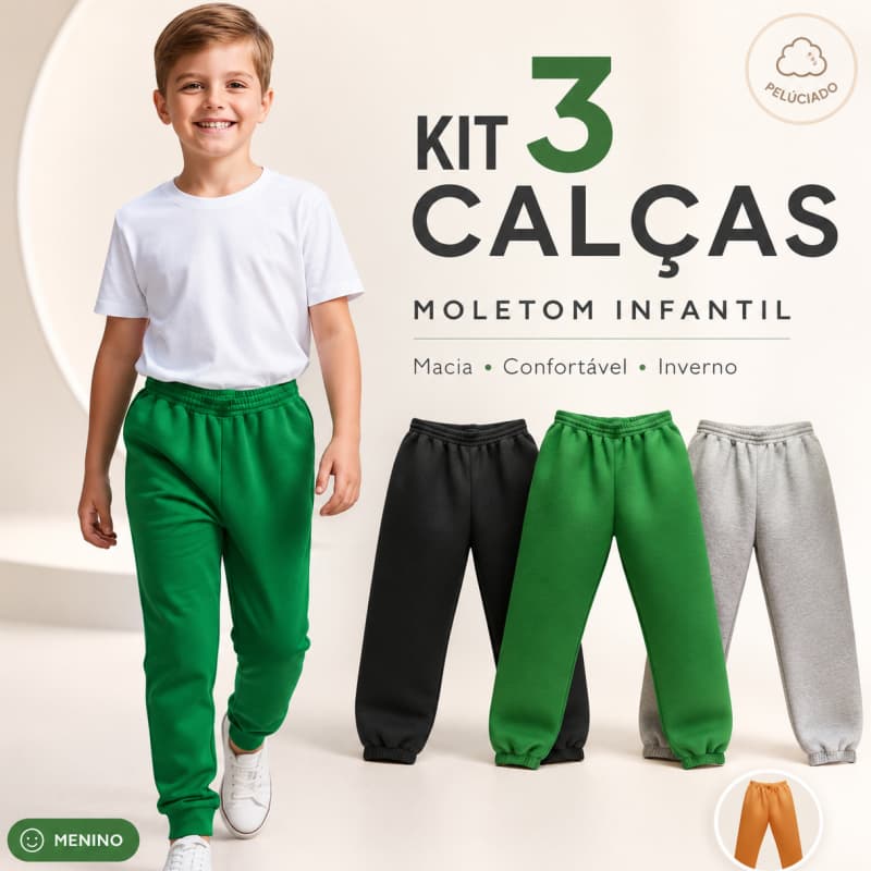 Kit 3 Calças Moletom Infantil Peluciado Masculina Menino Confortável Casual Inverno Macia