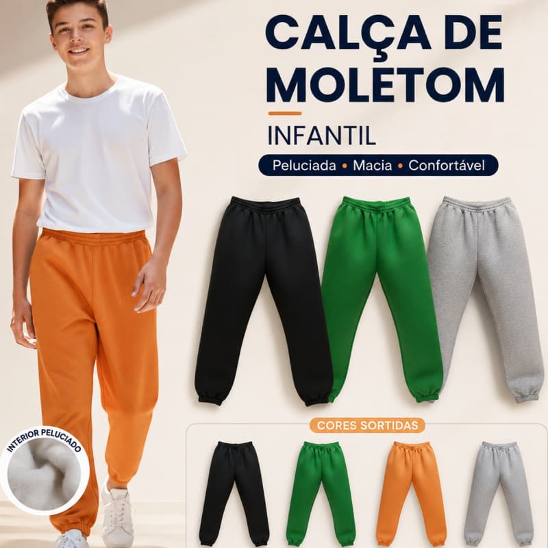 Kit Calças Moletom Infantil Peluciado Masculino Menino Confortável Macia Casual Inverno