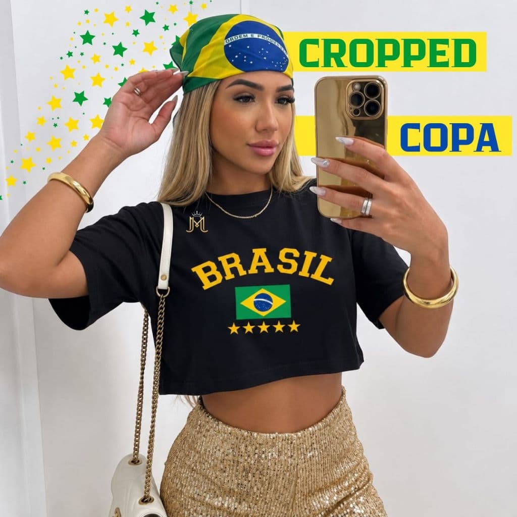 Cropped Feminino Brasil Torcedora Camiseta Estampada Manga Curta Algodão Leve P ao G