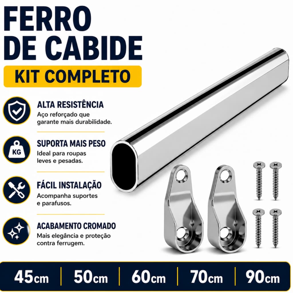 kit Ferro Cabideiro Oblongo Oval Guarda Roupa Com Suportes+Parafuso