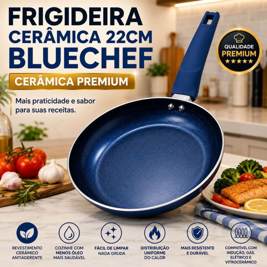Frigideira Cerâmica Antiaderente 22cm Azul Para Indução Gás Elétrico Vitrocerâmico d Cozinha Premium