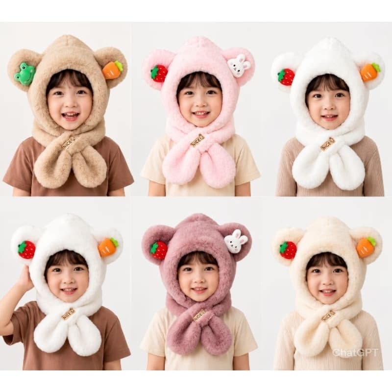 Touca Infantil de Inverno 2 em 1 Ursinho Pelúcia com Cachecol Integrado