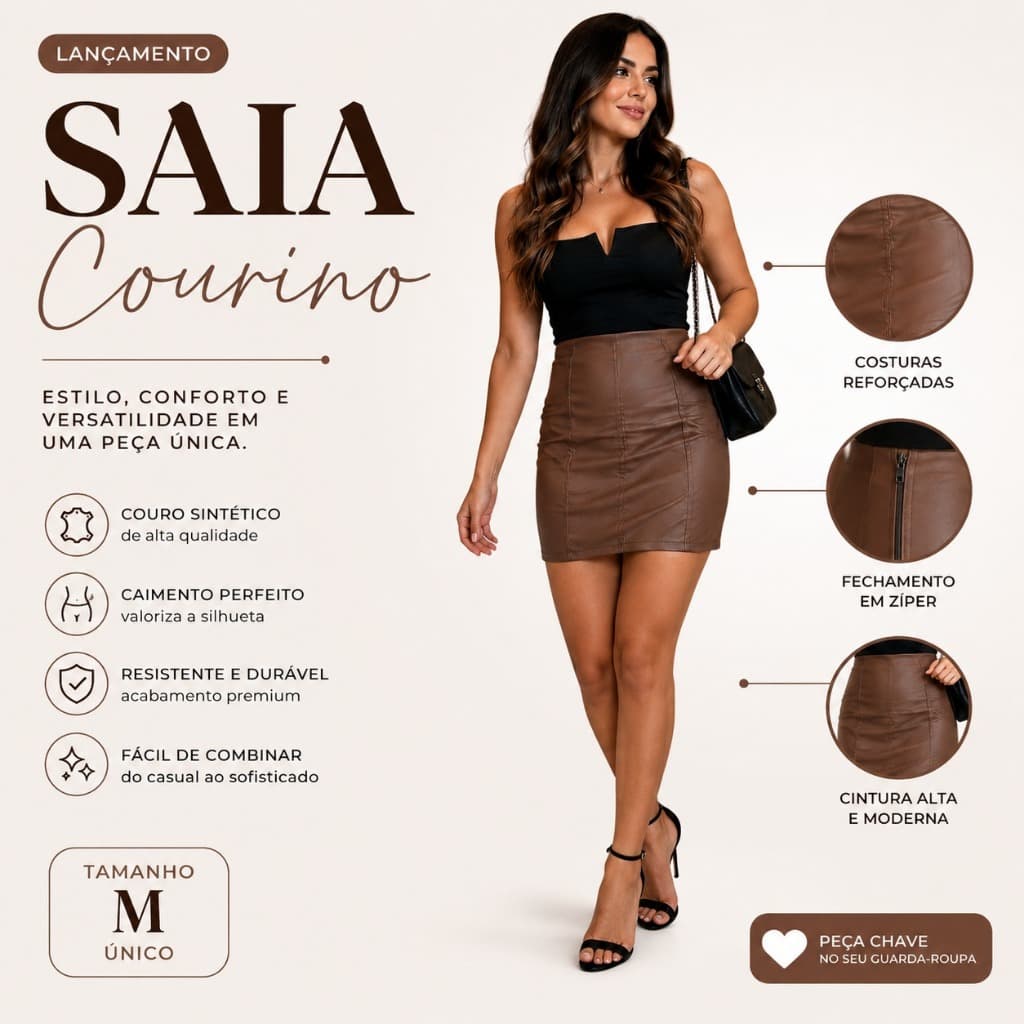 Short Saia de Couro Feminino de Ziper na Lateral Saia bem Confortavel
