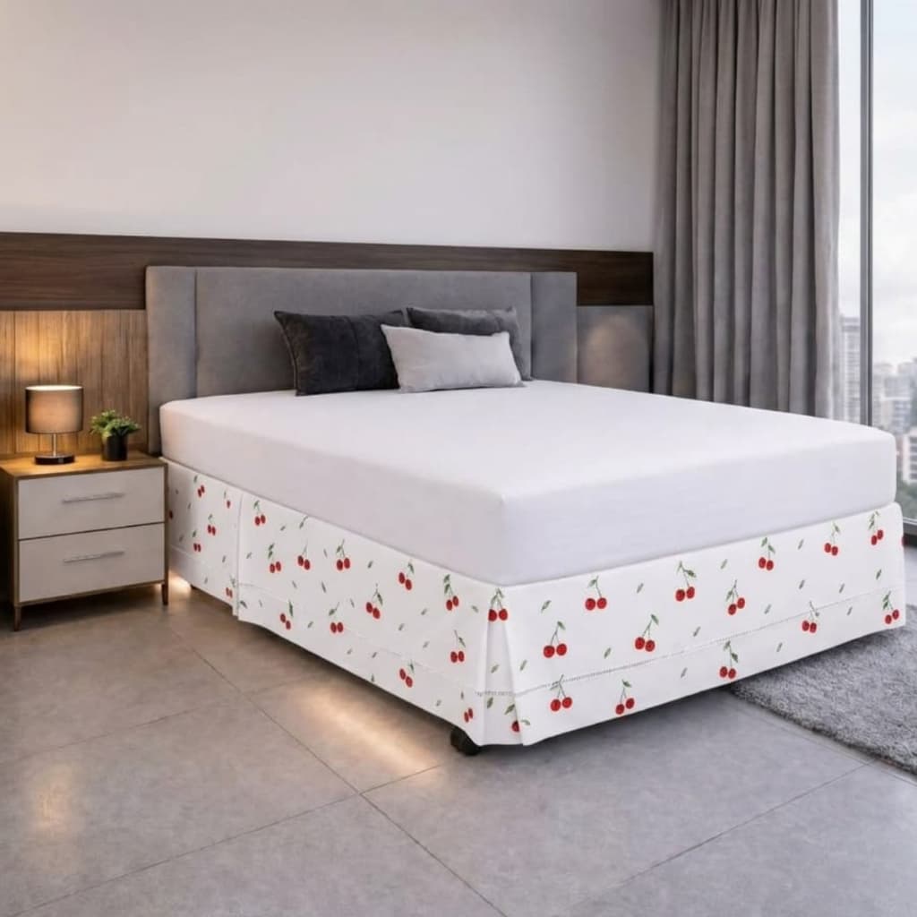 SAIA PARA CAMA BOX ALGODÃO CASAL QUEEN KING ESTAMPA CEREJA COM PONTO PALITO