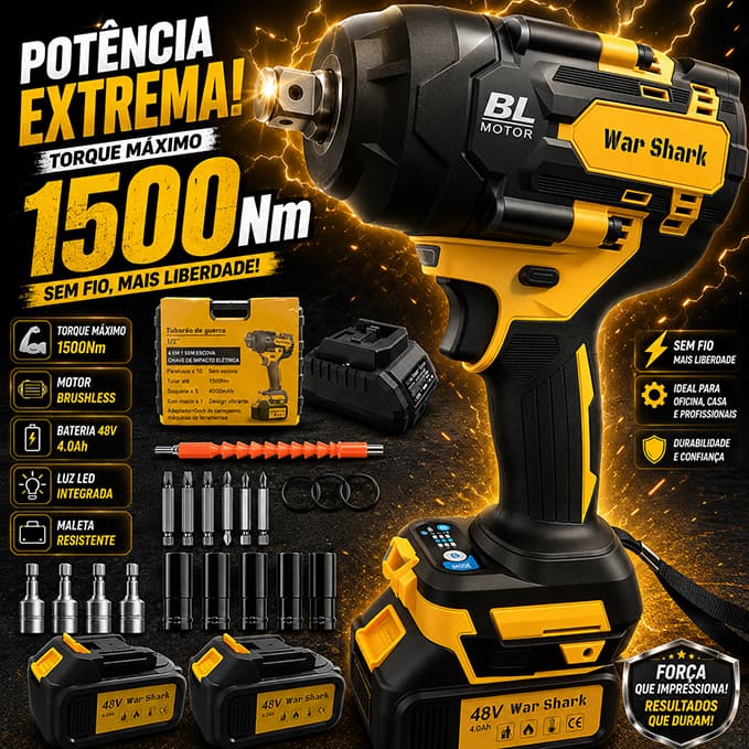 1500NM 48V Professional Electric Impact Wrench 3 in 1 Brushless Complete Kit 2 Batteries War Shark