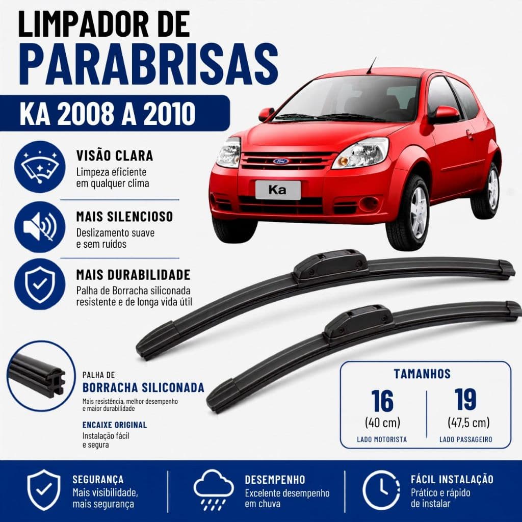 Par Palheta Limpador ParaBrisa Ka 2008 2009 2010 Silicone Encaixe tipo Gancho