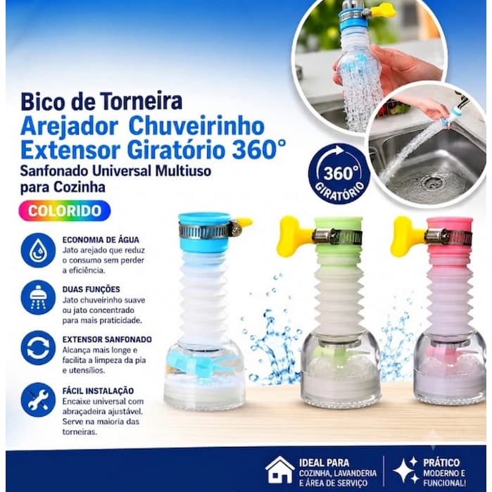 Bico de Torneira Arejador Chuveirinho Extensor Giratório 360 Sanfonado Universal Multiuso para Cozinha
