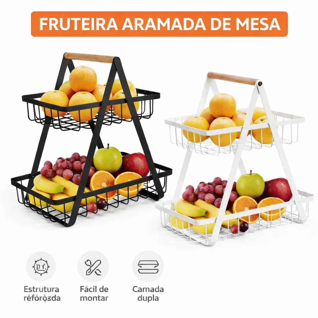 Fruteira de Mesa 2 Andares Ferro e Bambu Multiuso Organizador Cesto de Frutas Decorativa de Bancada