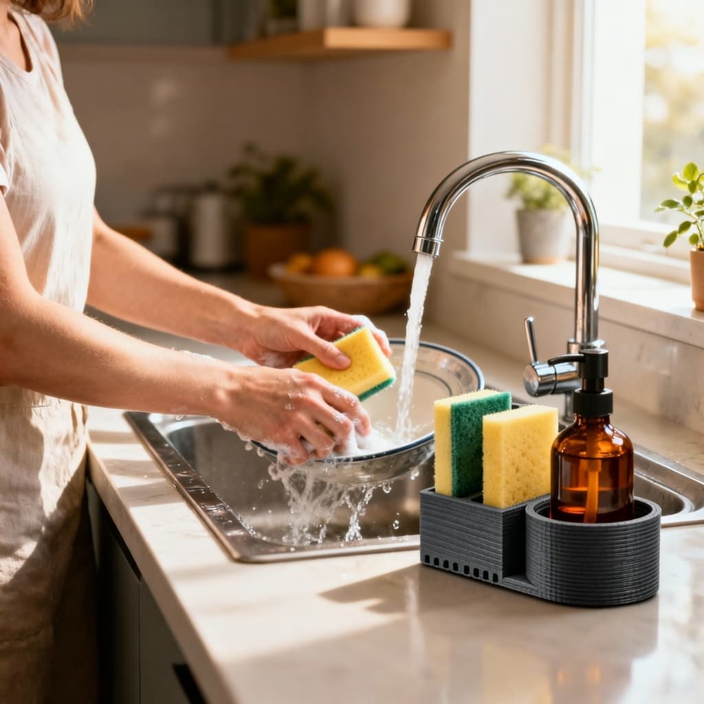 Organizador de Pia Porta Esponja e Detergente Compacto com Drenagem Suporte Bancada Cozinha 3D Preto