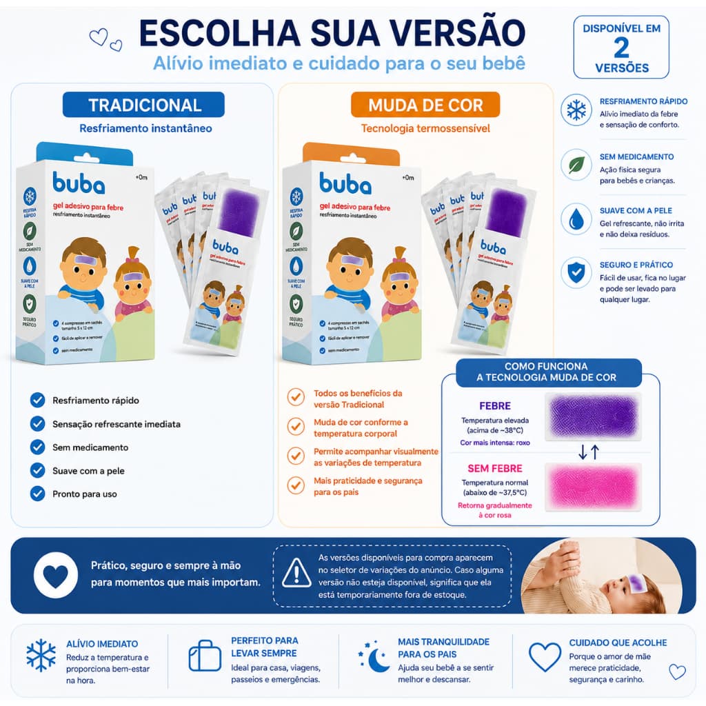Gel Adesivo Compressa Refrescante Para Aliviar A Febre Infantil Buba 4 Compressas Tradicional Ou Muda De Cor
