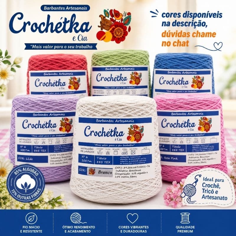 Kit 2 cones de 1 kg de barbante fio 6 para crochê/tricô/macrame/ numero 6