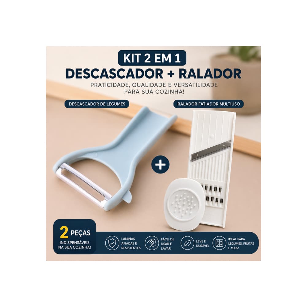 Kit Descascador de Legumes + Ralador Fatiador Multifuncional Cozinha Prático 2 Peças