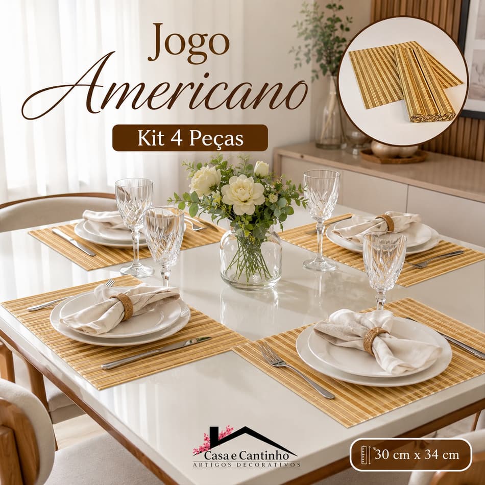 Kit 4 Peças Jogo Americano Retangular de Bambu Sousplat de Mesa Suplast de Jantar