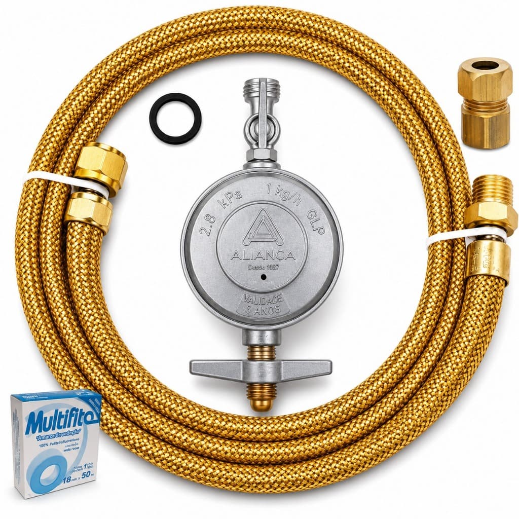 Kit Instalação Gás Mangueira +Regulador + Adaptador Botijão Glp Adaptador Dako Cobre