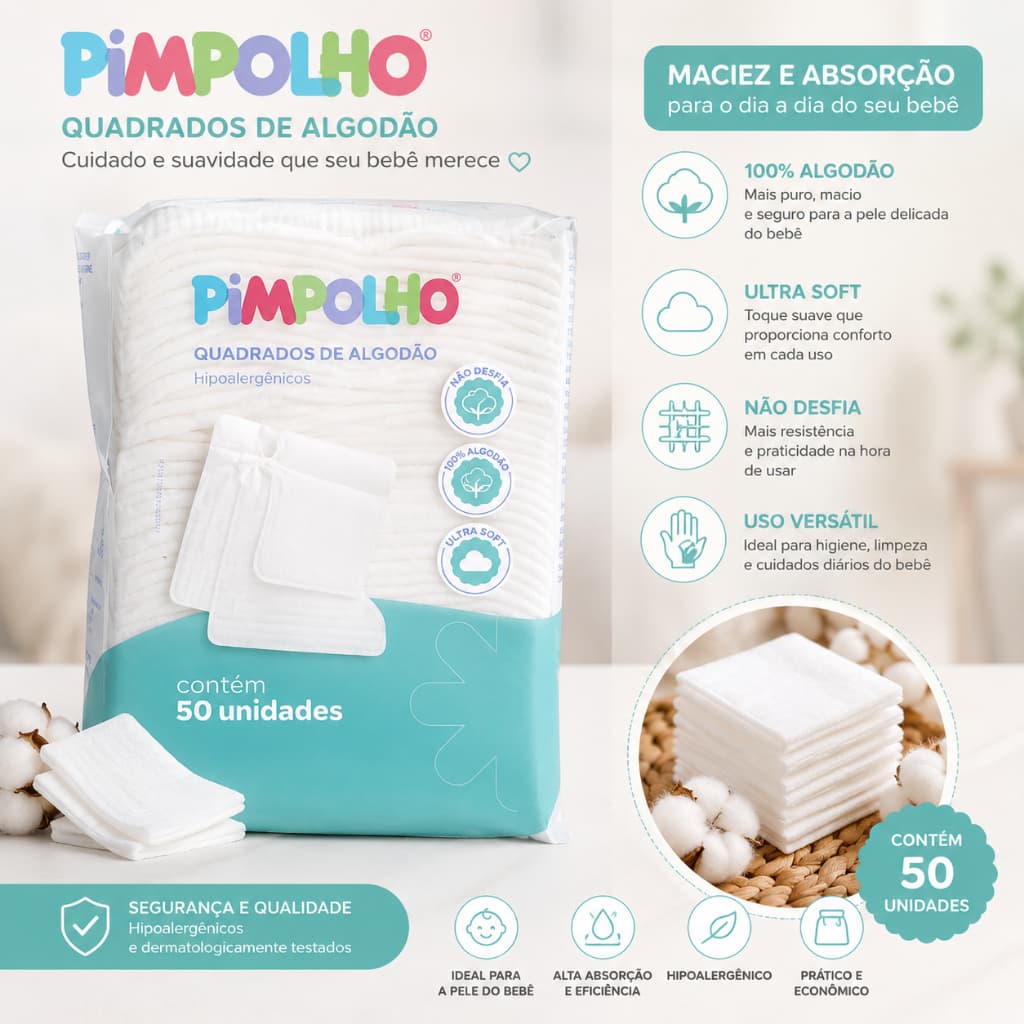 Algodão Pimpolho 50 Quadrados Macios para Bebê