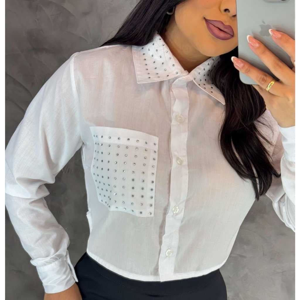 Cropped Camisa Com Strass Bege Elegante Social