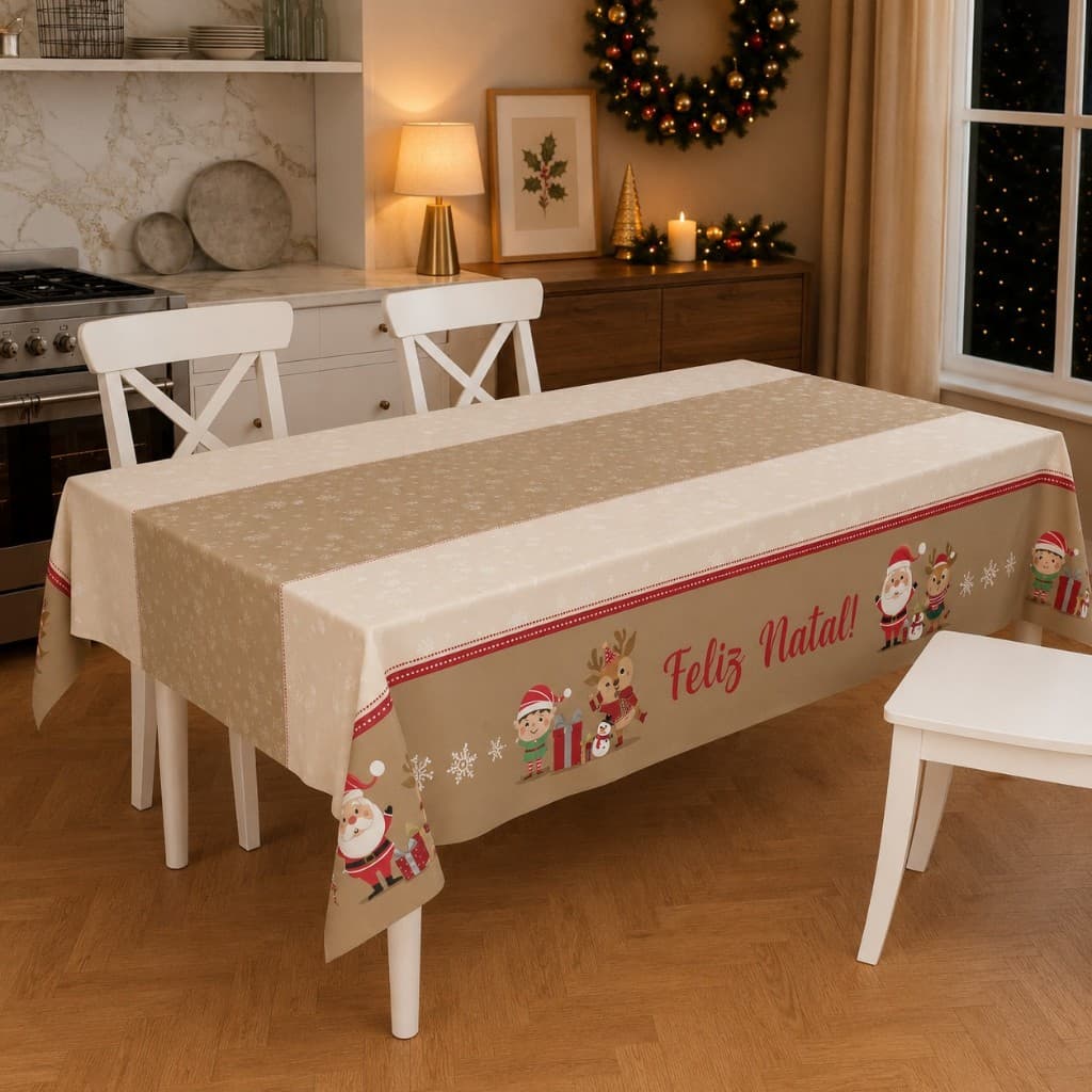 Toalha de Mesa Retangular para 6 e 4 Lugares Natalina Exclusiva Tamanho 190X135cm Feliz Natal