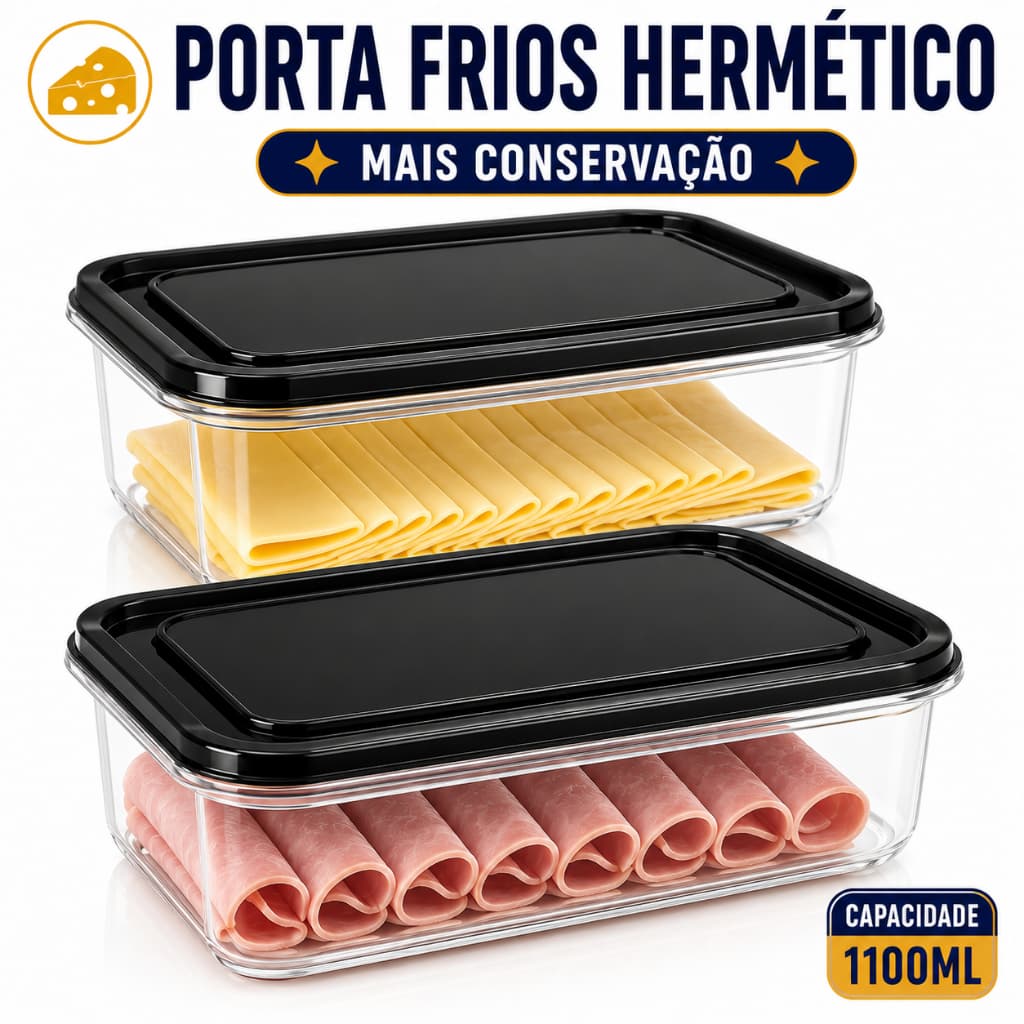 Kit 2 Porta Frios Hermético Helsim 1100ml Tampa Vedação Organizador Queijo Presunto Empilhável