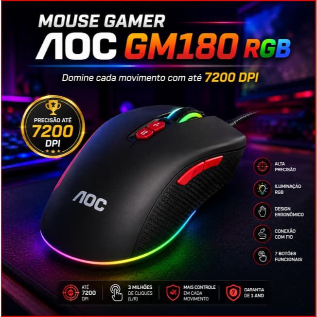 Mouse Gamer Com Fio Alta Precisao 7200 DPI Design Ergonomico Preto Performance