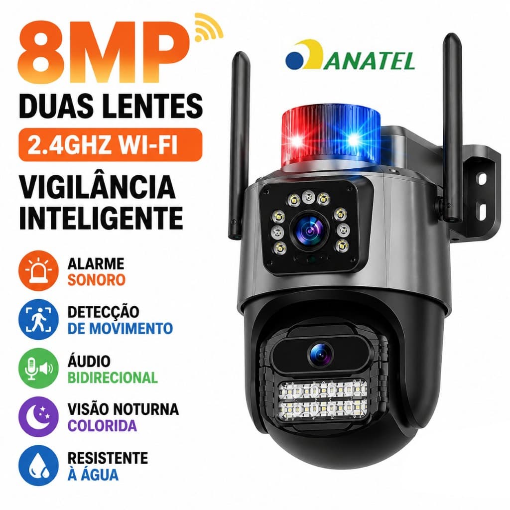 Câmera de Segurança WiFi 2 Lentes 360° Visão Noturna Áudio Bidirecional ANATEL P11