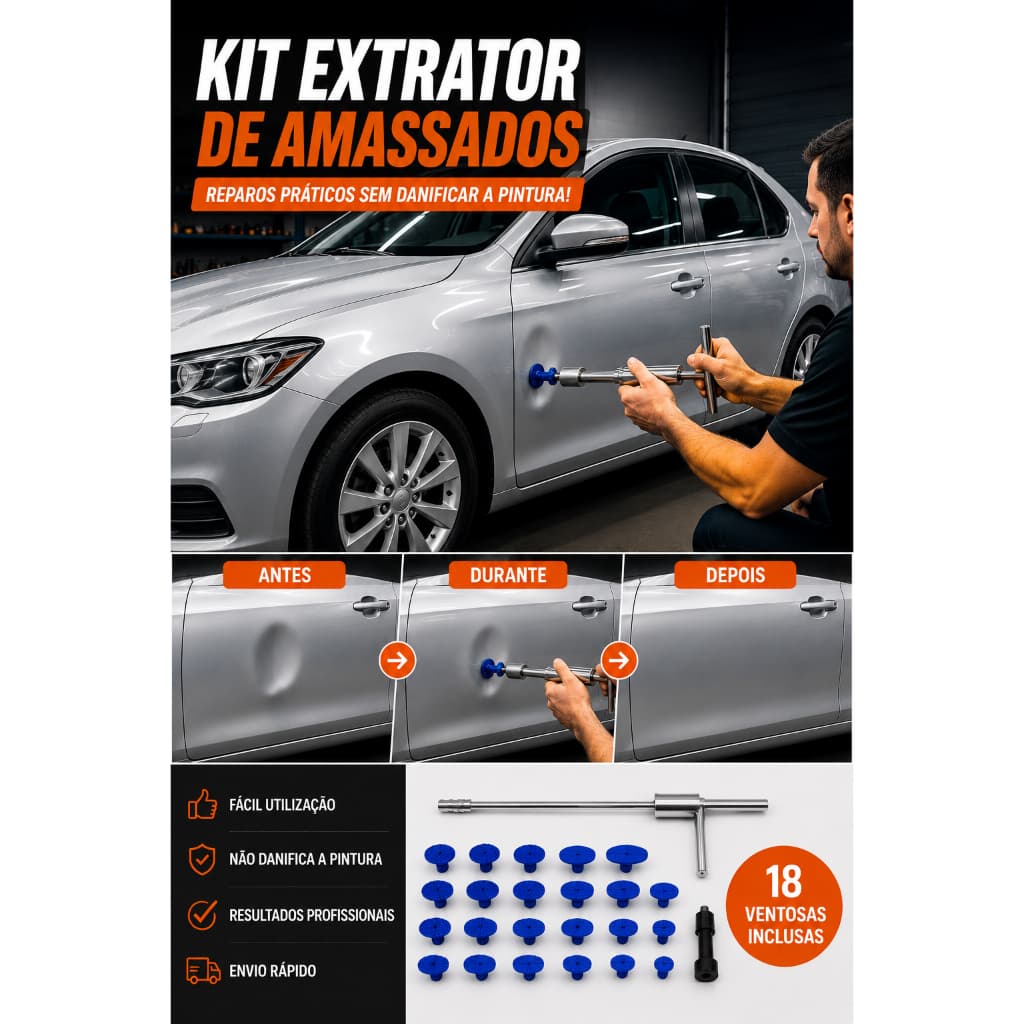 Kit Mini Extrator de Amassados Automotivo 18 Ventosas + Chave T Removedor de Amassados