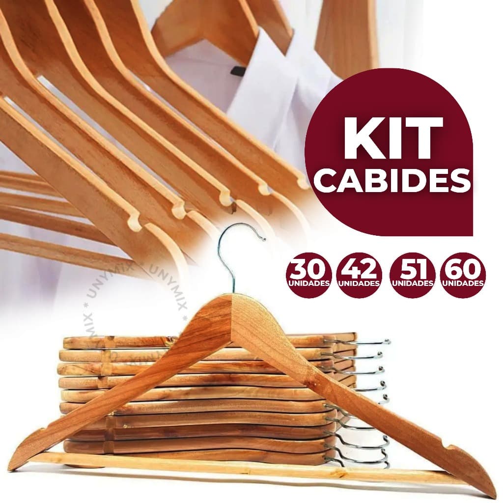 Kit 30/42/51/60 Cabides De Madeira Premium Marfim Para Roupas Calça Gancho Cromado