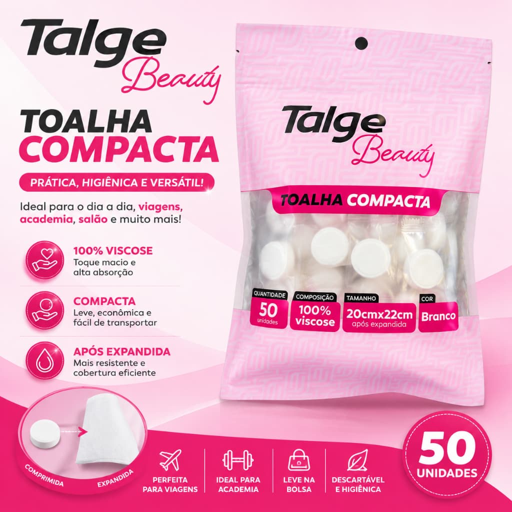 Toalha Desidratada Comprimido Compacta Descartável Multiuso 20x22cm Talge Beauty