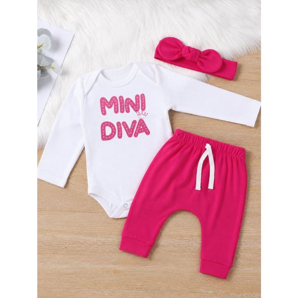 Conjunto Mini Diva Bebê Algodão Body Manga Longa Calça Cós com Elástico Fofo Faixa Laço Moda Menina