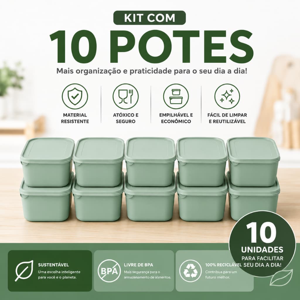 Kit 10 Potes Plásticos 1200ml Com Tampa Para Alimentos Mantimentos