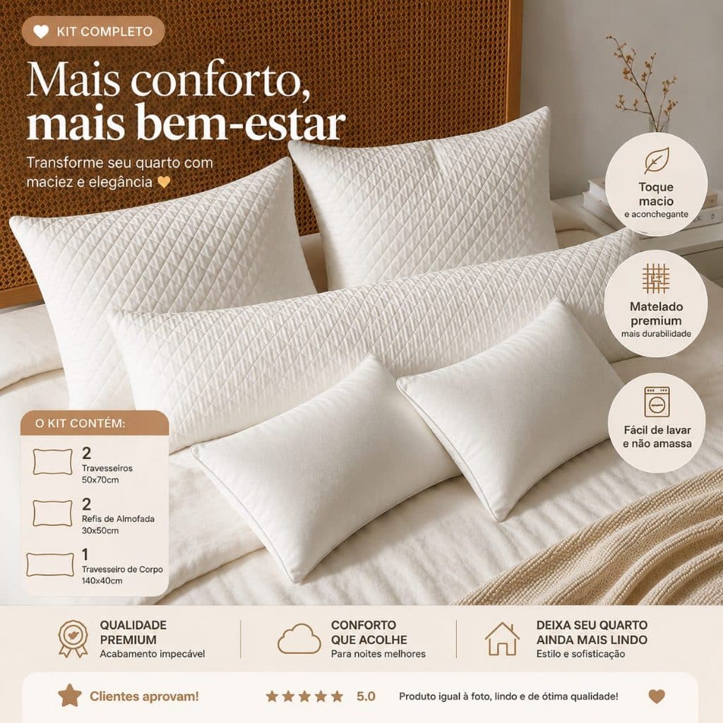 Kit Cama Posta 5 Peças Xuxão 140x40 + 2 Travesseiros + 2 Refis Fibra Siliconada