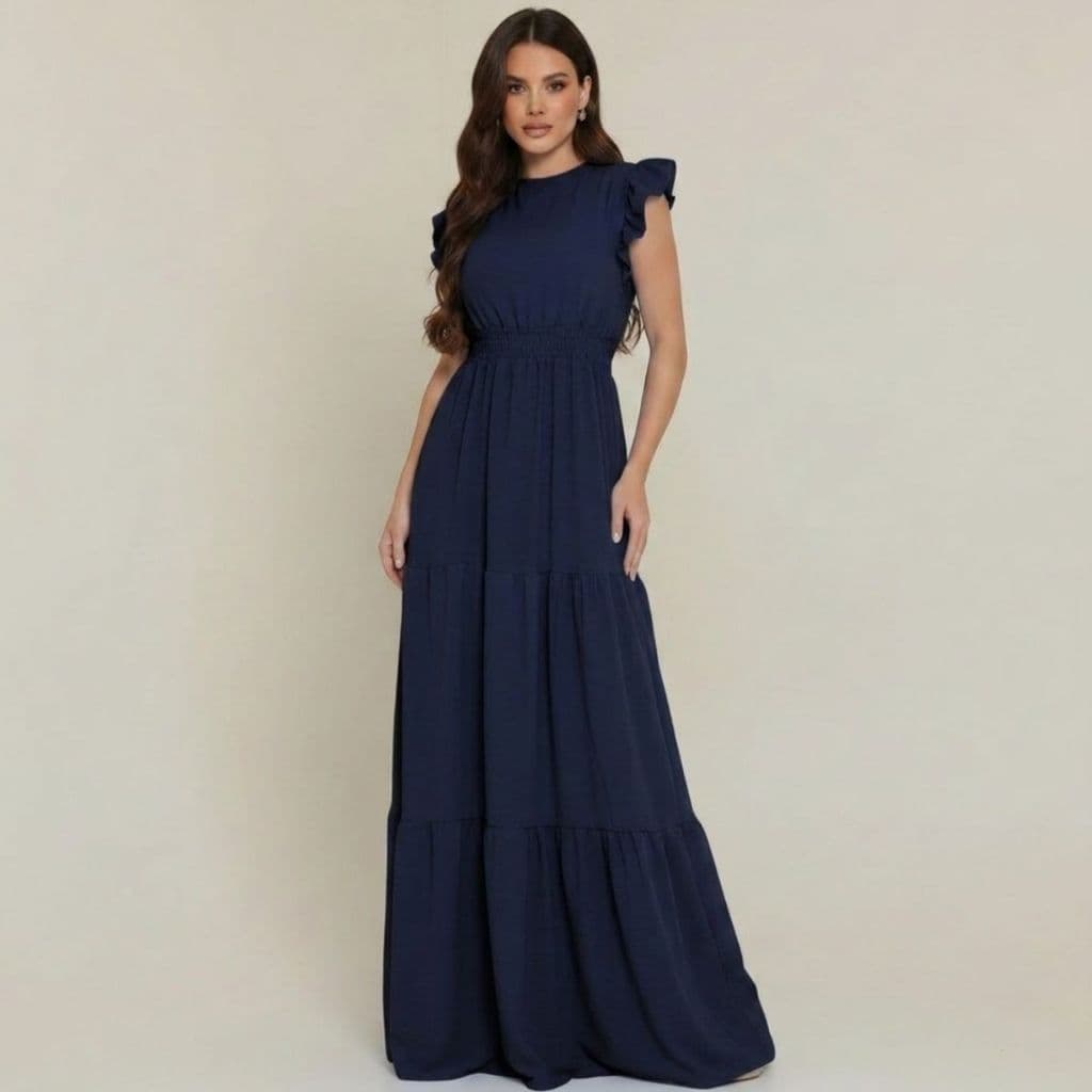 Vestido Longo Feminino Elegante Com Babados Manga Curta acinturado Casual Chic Moda Evangélica