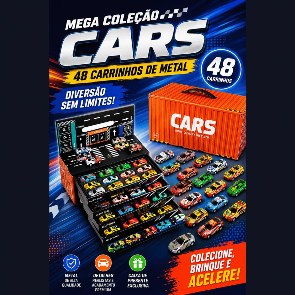 Kit 48 Carrinhos de Fricção com Pista Brinquedo Educativo e Colecionável em Contêiner